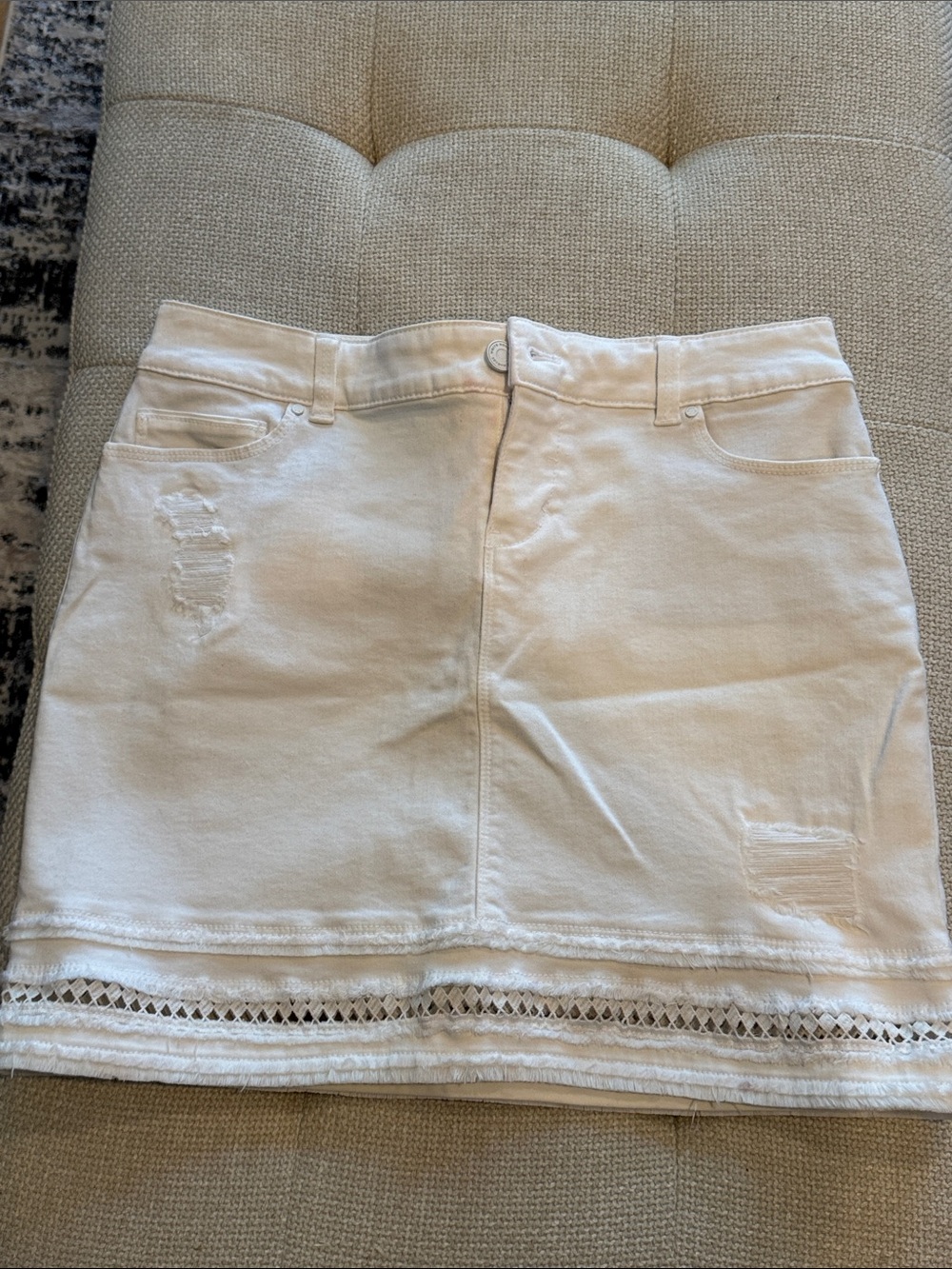 White House Black Market White Denim Mini Skirt with Crochet Hem
